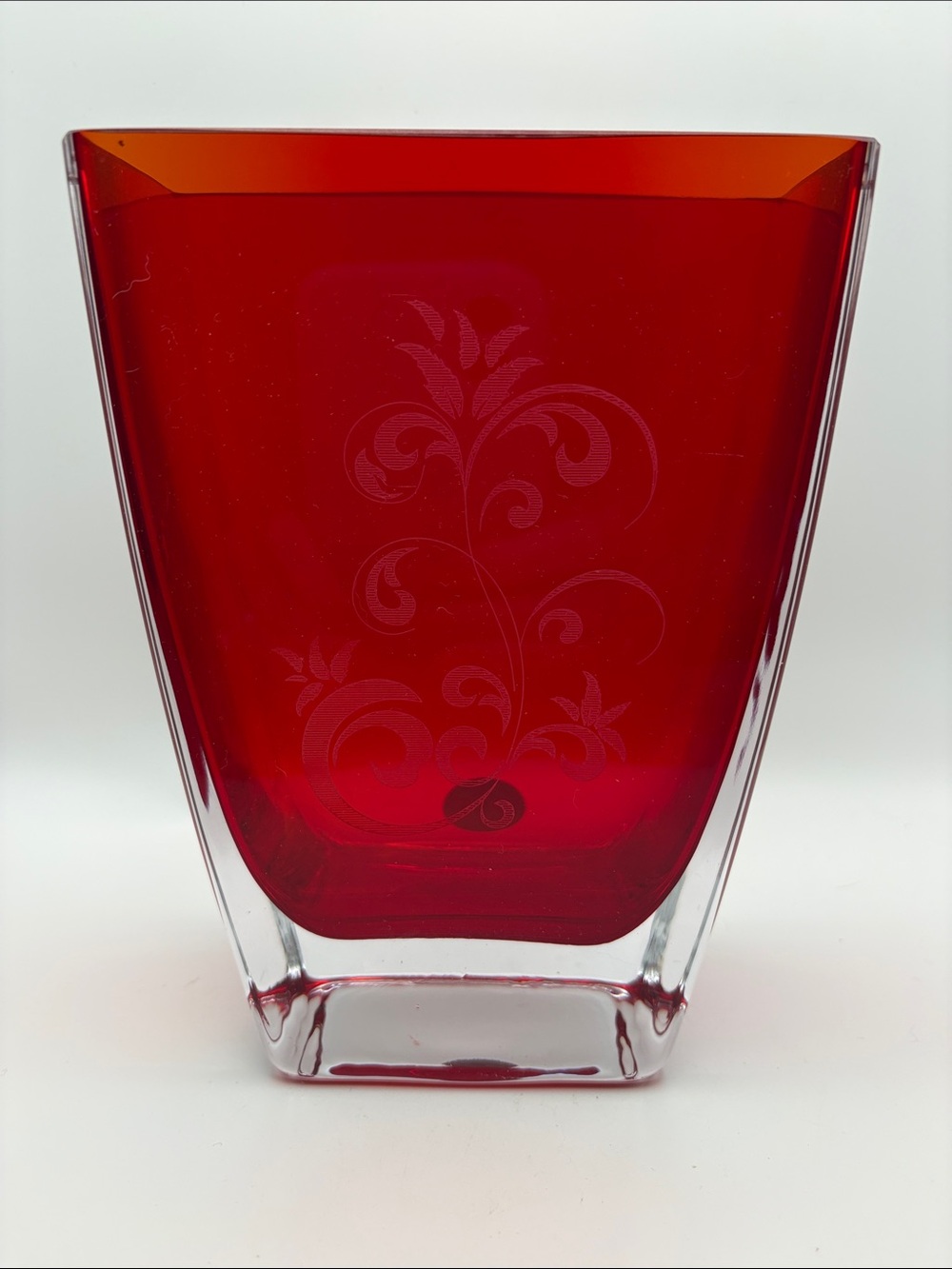 Mid-Century Polish Ruby Red Etched Art Glass Vase